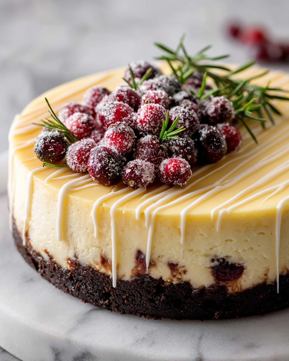 The image shows a slice of cheesecake held above a white marbled surface, with the whole cake blurred in the background. The cheesecake has three visible layers: a bottom dark brown crumb crust that looks crumbly, a thick middle layer of creamy white cheesecake filled with red cranberries, and a thin golden top layer with white icing drizzle on it, some formed into small peaks at the edge. The cranberries are spread inside the middle layer, giving spots of red color throughout the cream. The slice is on a silver cake server, and around the scene, some whole cranberries and a small bowl of cranberries are visible. Photo taken with an iphone --ar 4:5 --v 7