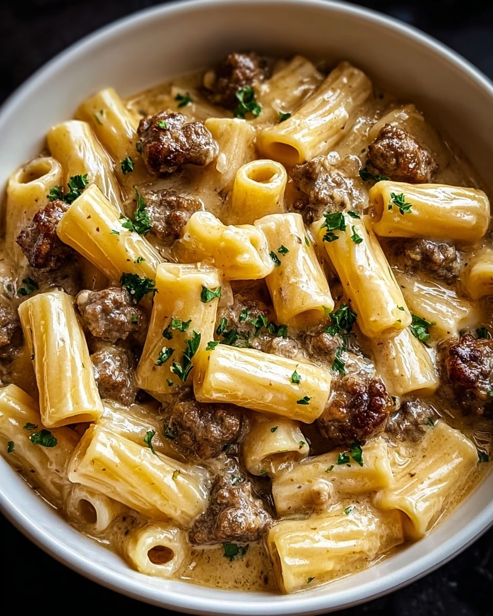 Beef with Pasta in Creamy Garlic Sauce Recipe - Recipe Image