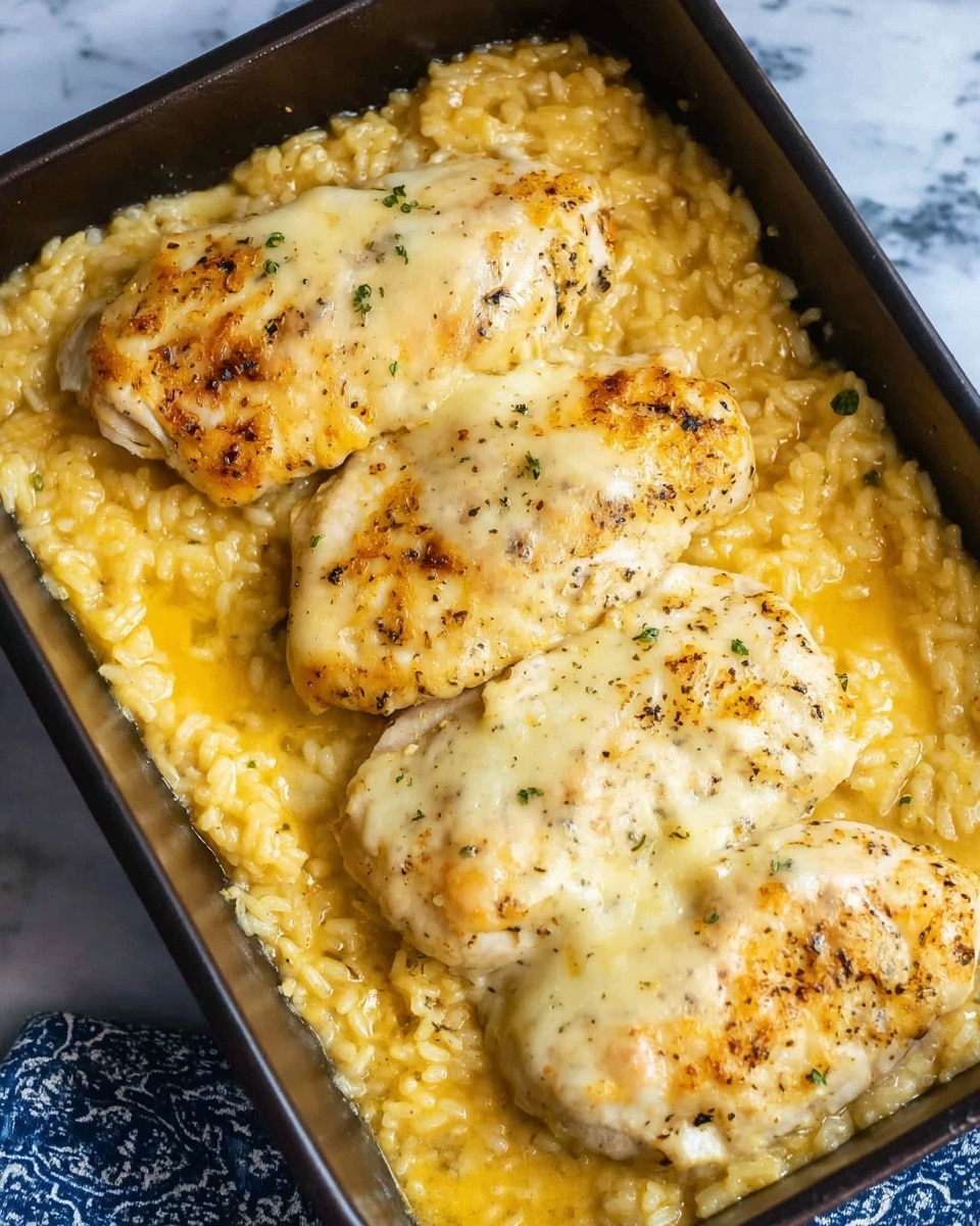 The image shows a black rectangular baking dish filled with a creamy, golden yellow rice and cheese mixture. On top, there are four thick pieces of lightly browned chicken covered with melted cheese that glistens and slightly bubbles. The chicken pieces have a soft, smooth texture with a light sprinkling of black pepper and herbs. The rice underneath is coated in the melted cheese sauce, giving it a rich, creamy look, and it fills the whole dish evenly, surrounding the chicken on all sides. The dish is placed on a white marbled surface with a hint of a blue patterned cloth beneath it. photo taken with an iphone --ar 4:5 --v 7