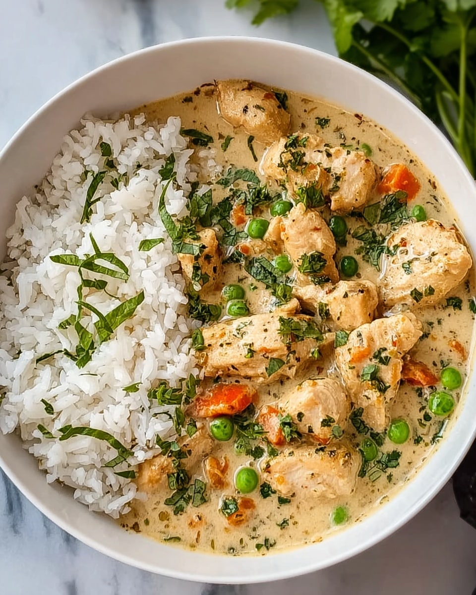 A white bowl filled with soft white rice on one side and creamy chicken curry on the other. The curry has light golden brown pieces of cooked chicken mixed with green peas and small bits of orange carrot, all covered in a smooth, light beige sauce with herbs sprinkled on top. Some fresh green herbs are scattered on the dish, adding a touch of color. The bowl is placed on a white marbled surface. Photo taken with an iphone --ar 4:5 --v 7
