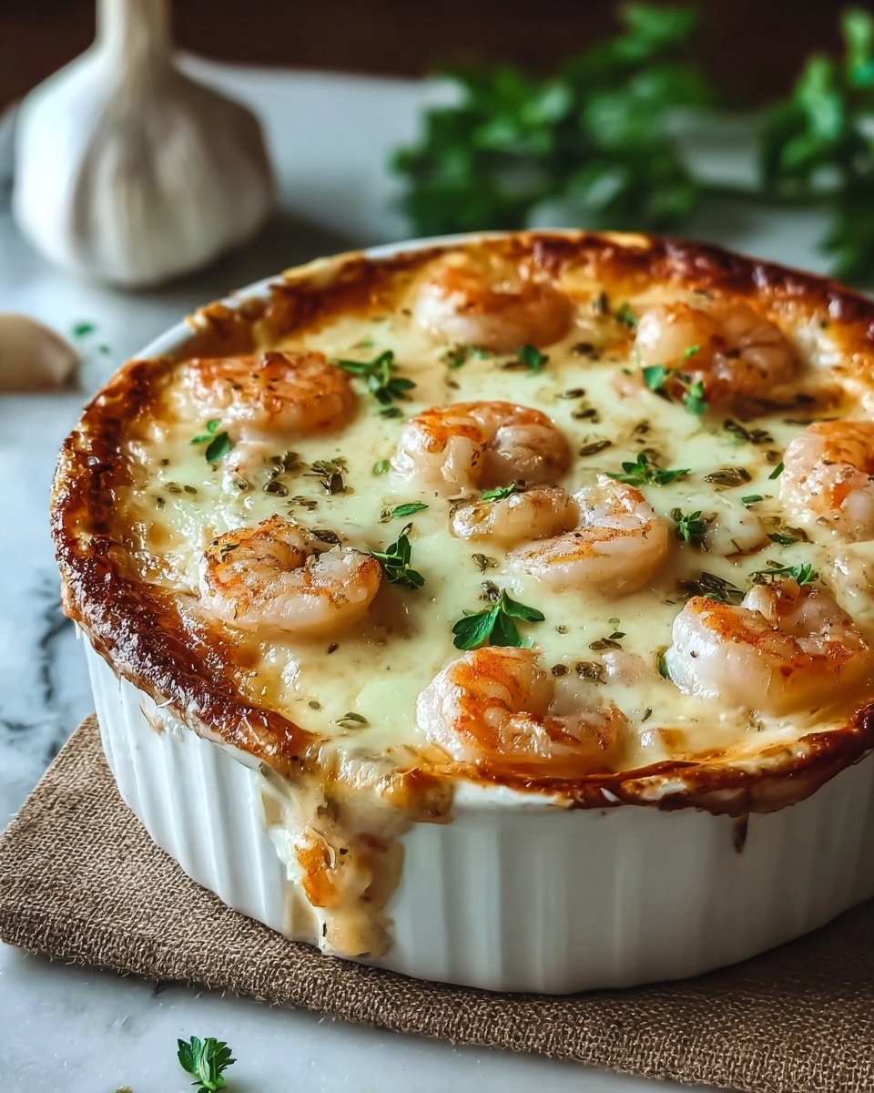 A white round ceramic dish filled with a creamy baked shrimp casserole. The top layer is melted golden-brown cheese with several plump shrimp arranged evenly, lightly browned on the edges. Small green herb leaves are scattered over the cheese, adding fresh color. The side of the dish shows browned cheese crust spilling slightly over the rim. The dish sits on a textured brown cloth on a white marbled surface with a garlic bulb and green herbs blurred in the background. Photo taken with an iphone --ar 4:5 --v 7