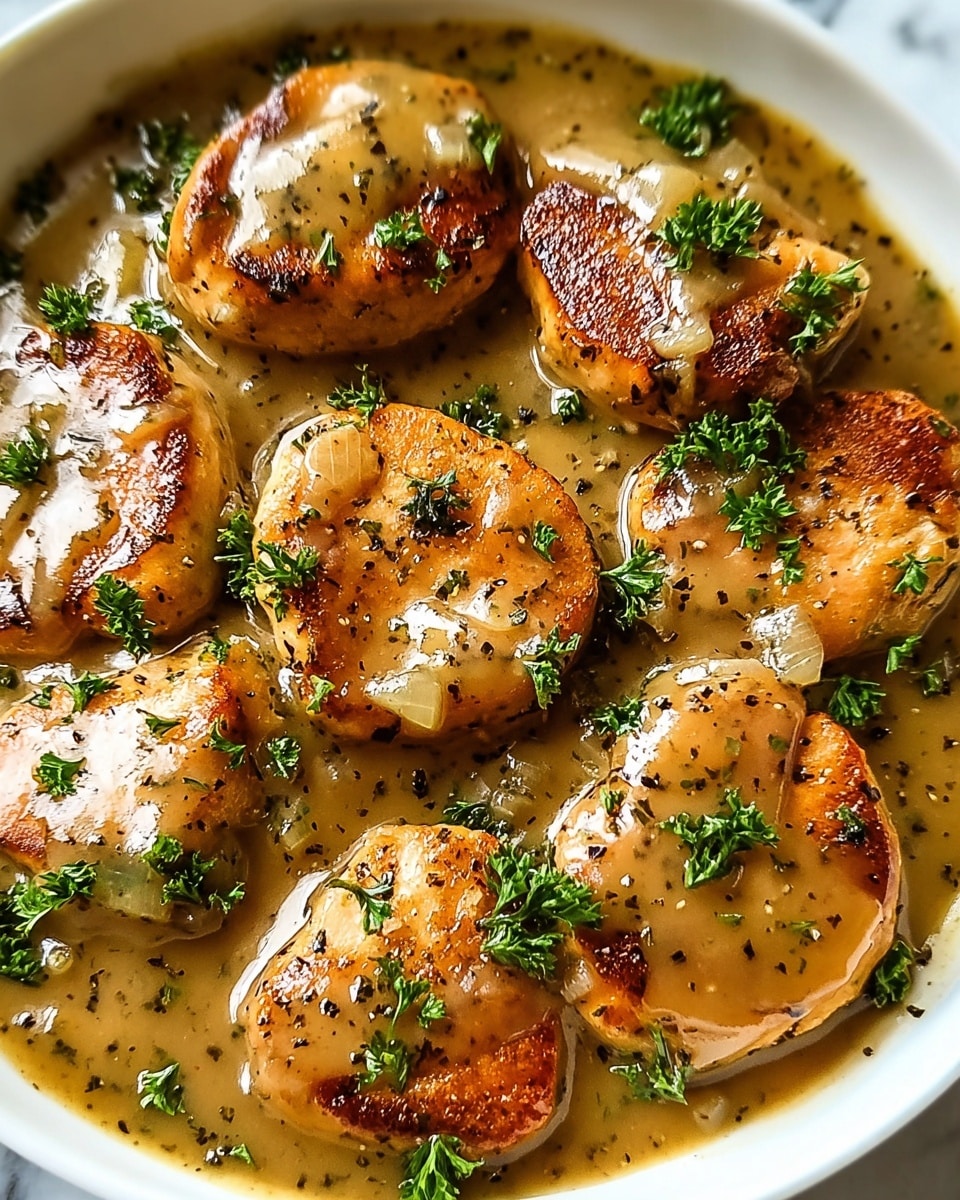The image shows a close-up of a white bowl filled with several browned, round chicken pieces covered in a thick, glossy light brown sauce with visible bits of onions. The chicken pieces have a slightly crispy texture on the edges and are scattered evenly across the bowl. Fresh green parsley leaves are sprinkled on top, adding a pop of color. The sauce pools around the chicken, creating a shiny, smooth surface with some specks of black pepper and herbs. The bowl sits on a white marbled surface. photo taken with an iphone --ar 4:5 --v 7