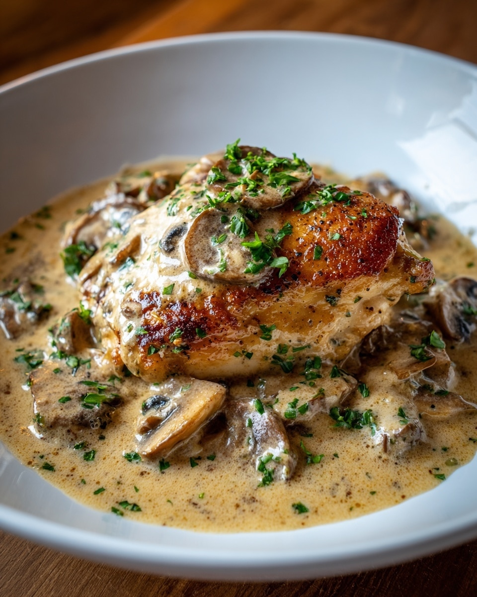 A white deep plate holds a single cooked piece of browned chicken at the center, covered and surrounded by a thick beige sauce with visible sliced mushrooms. The sauce has a creamy texture and pools around the chicken with scattered green chopped herbs on top and throughout. The plate rests on a wooden surface. photo taken with an iphone --ar 4:5 --v 7
