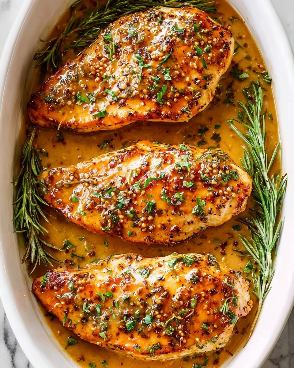 The image shows three cooked chicken pieces in a white oval dish on a white marbled surface. Each chicken piece is golden brown with a shiny glaze, covered in herbs and small mustard seeds. The chicken rests on green rosemary sprigs that lie lengthwise under each piece. Finely chopped green herbs are sprinkled on top, adding a fresh touch. The dish also contains a light brown sauce that surrounds the chicken, giving a moist and rich look. Photo taken with an iphone --ar 4:5 --v 7