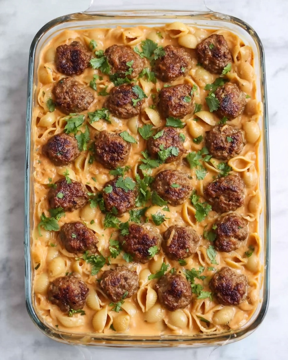 The image shows a clear glass baking dish on a white marbled surface, filled with a creamy sauce covering small shell pasta and browned meatballs. There are around eight meatballs, each with a dark, crispy outer layer, scattered on top of and mixed with the creamy sauce. The pasta shells are soft yellow and somewhat glossy from the sauce, which is light beige with visible black pepper and herb specks. Fresh green chopped herbs are sprinkled over the dish. A silver spoon is scooping one meatball along with pasta shells, with its handle resting on the dish edge. Photo taken with an iphone --ar 4:5 --v 7