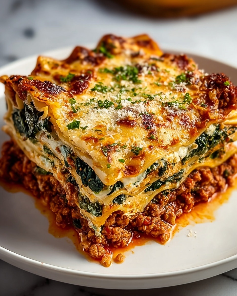 A glass pan holds a layered lasagna with four visible layers of wide, wavy-edged pasta sheets. The bottom layer is a rich red sauce with bits of green vegetables and light-colored small chunks, topped by pasta. The next layer shows a creamy white cheese mix with green spinach leaves, covered by another pasta sheet. Above this is another layer of red sauce spread under melted golden-yellow cheese with browned spots and sprinkled with grated light yellow cheese and more spinach leaves on top. The edges of the pasta are curled slightly outwards, and the lasagna sits on a white marbled surface. Photo taken with an iphone --ar 4:5 --v 7