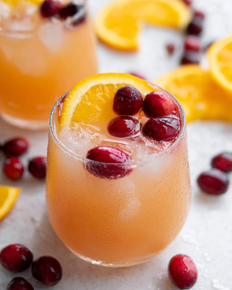 A clear, curved glass filled with a light orange-colored drink showing condensation on its surface. Inside the drink, there is a visible bright orange slice pressed against the glass on the right side. On top, three dark red cherries are skewered on a small stick, resting on the glass rim. The glass sits on a surface with a white marbled texture, with a few scattered dark red cherries nearby. In the blurred background, there is another similar glass filled with the same drink and an orange slice inside. photo taken with an iphone --ar 4:5 --v 7