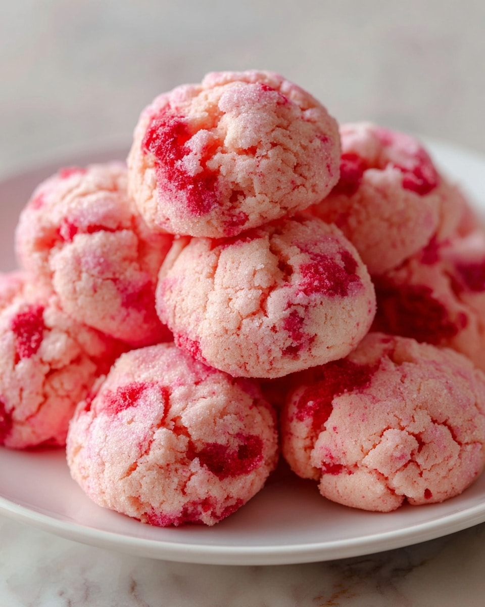 A close-up view of a small pile of soft, round pink cookies with bright red chunks scattered throughout. The cookies have a slightly rough texture with visible small cracks on their surfaces. They are stacked closely in a slight pyramid shape on a white plate, which rests on a white marbled surface. The soft texture and vibrant colors give the cookies a fresh and appealing look. photo taken with an iphone --ar 4:5 --v 7