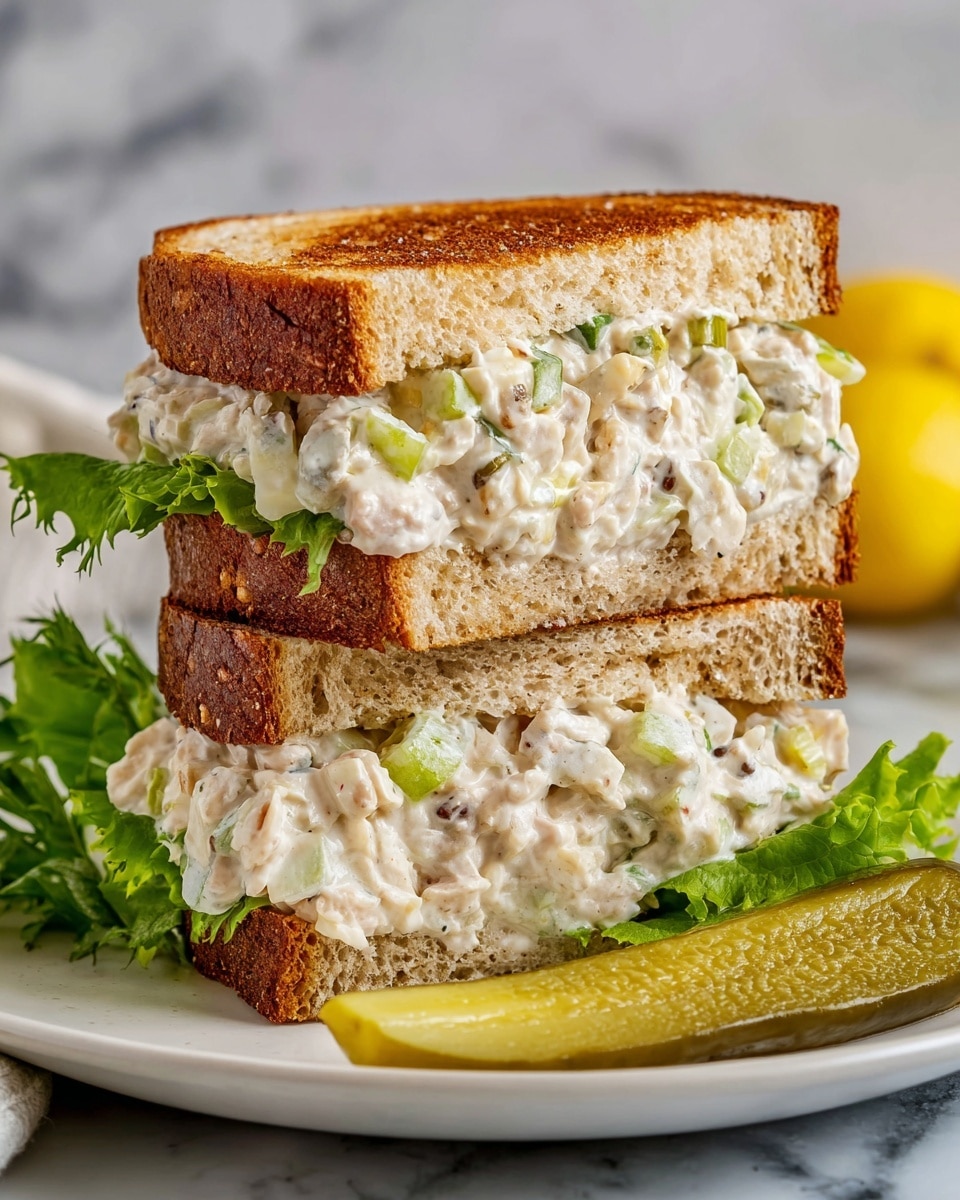 A sandwich cut in half sits on a white plate with a side of light golden potato chips and two green pickle slices. The sandwich has two toasted slices of multi-seed brown bread with visible grains on the crust. Inside, there is a layer of fresh green spinach leaves at the bottom, topped with a thick, creamy chicken salad mixed with small corn pieces and green herbs. On top of the chicken salad is a slice of red tomato peeking out from under the top bread slice. The plate rests on a light wood surface with a blue-and-white checkered cloth nearby. photo taken with an iphone --ar 4:5 --v 7