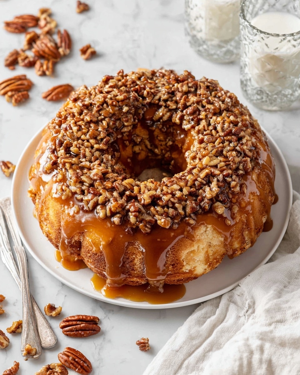 A round bundt cake with a shiny caramel glaze topped with a thick layer of chopped pecans covers the entire top surface, flowing slightly down the sides. The cake itself is golden brown with a soft texture and visible pot holes typical of monkey bread style. The cake sits on a white plate, placed on a white marbled surface. Around the plate, loose pecans are scattered with a metal fork on the left and two clear textured glasses containing milk on the right. A white cloth napkin is partially visible at the bottom. Photo taken with an iphone --ar 4:5 --v 7