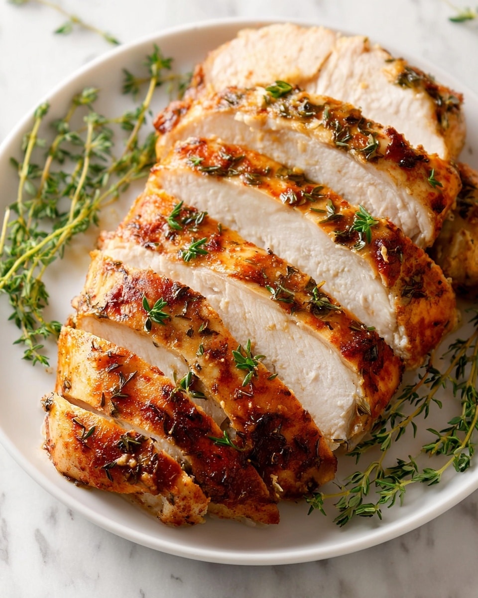 A white plate holds several thick slices of cooked chicken arranged neatly with the front slices closer and the rest slightly stacked behind. The chicken has a golden brown crust with visible herbs like thyme scattered on top, giving a textured look. The inside meat is white and juicy, contrasting with the browned outer layer. Some fresh green thyme sprigs lie around the chicken on the plate. The background is a white marbled texture. photo taken with an iphone --ar 4:5 --v 7