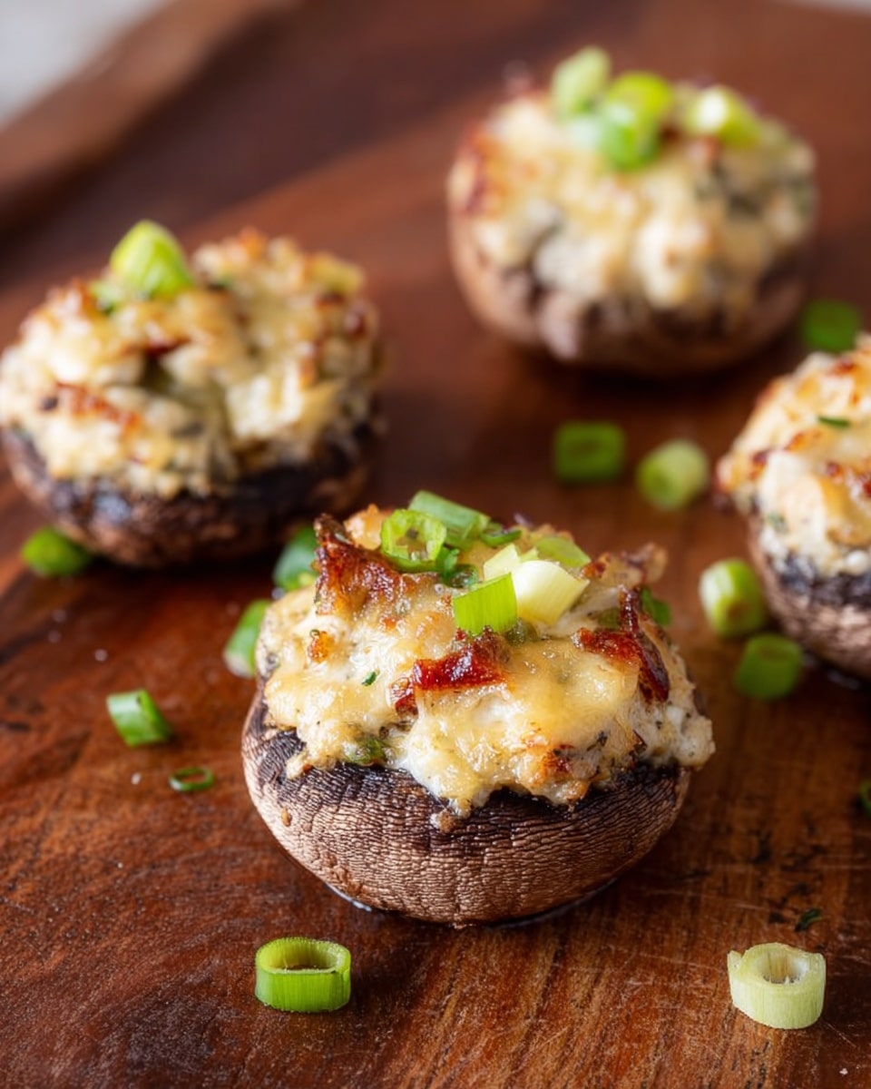 The image shows four stuffed mushrooms on a white marbled surface. Each mushroom has a dark, round base with a filling made of light brown crumbs mixed with small pieces of red and green vegetables. Melted light yellow cheese is melted on top of the filling, with small bright green pieces sprinkled over as garnish. The mushrooms have a slightly browned and crispy top texture, with some finely shredded topping visible. The composition is close up, focusing on the textures and colors of the fillings and cheese photo taken with an iphone --ar 4:5 --v 7