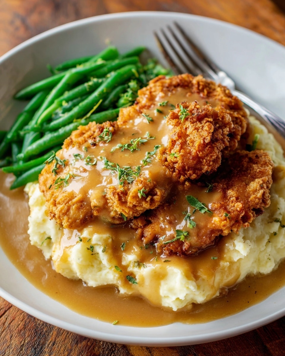 A white plate holds a meal with three main layers. At the bottom is a thick, soft layer of mashed potatoes, white with slight green herb bits mixed in. Above the potatoes sit two pieces of golden brown crispy fried chicken, one piece larger and topped with smooth, shiny light brown gravy that slightly drapes over the edges. The second piece of fried chicken is partially cut, showing juicy white meat inside. To the side, bright green beans add a fresh pop of color. The setup sits on a white marbled surface, photo taken with an iphone --ar 4:5 --v 7