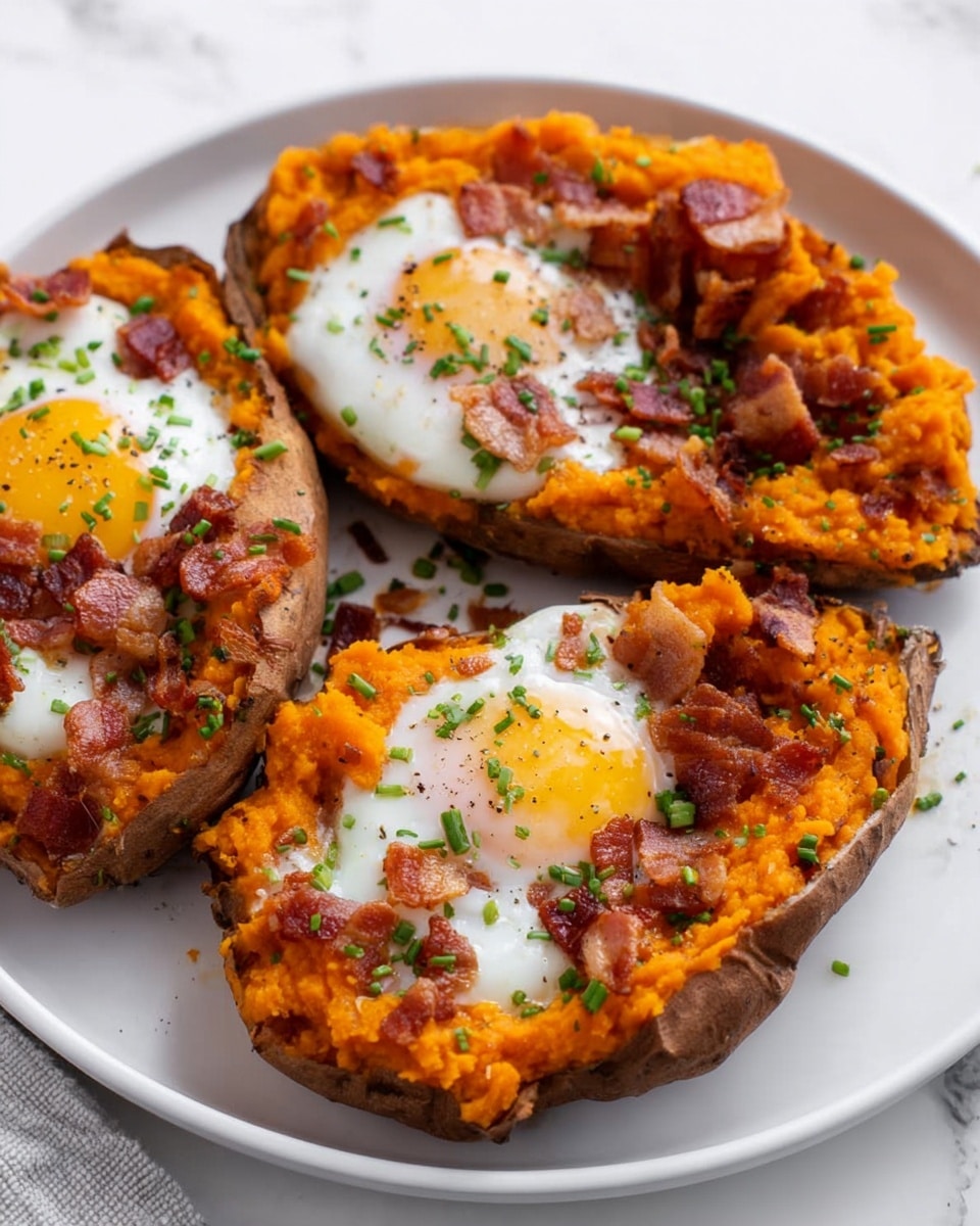 Breakfast Stuffed Sweet Potatoes with Bacon, Cheddar, and Baked Egg Recipe - Recipe Image