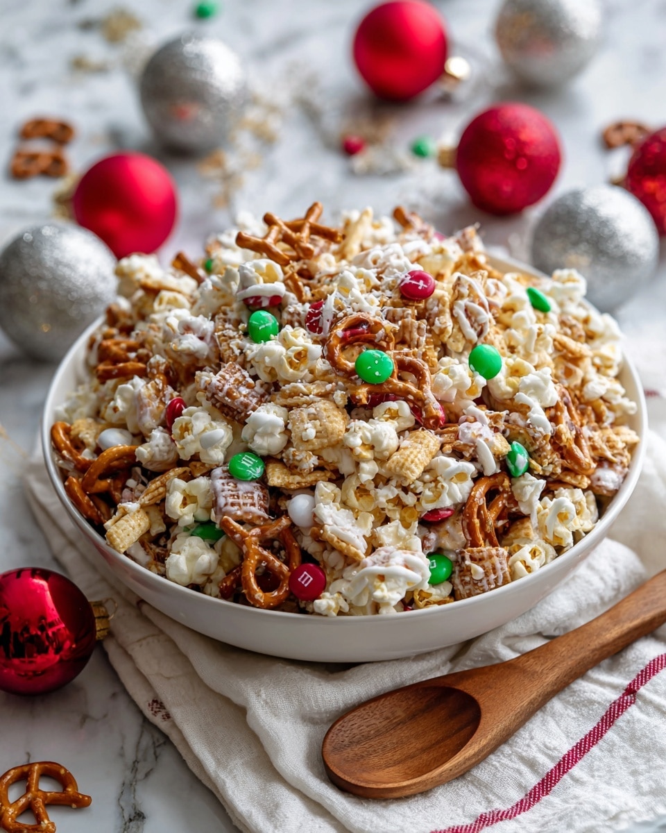 The image shows a close-up of a white bowl filled with a mixture of crunchy snack pieces. The snack has light brown pretzels with a smooth surface, white popcorn that looks fluffy, and square beige cereal pieces with a textured pattern. The snack bits are coated in a white creamy layer that holds them together. Small round candy pieces in red, green, and white are scattered throughout, adding bright spots of color. The bowl is placed on a white cloth with a red stitched pattern on top of a white marbled surface. photo taken with an iphone --ar 4:5 --v 7