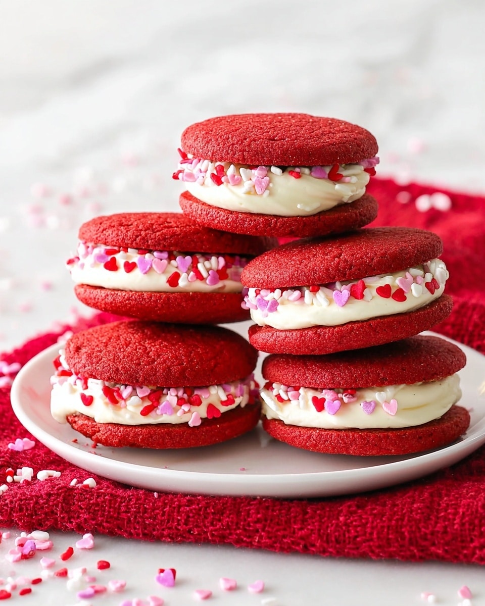 There is a stack of three round red velvet sandwich cookies with white cream filling. Each cookie is deep red with a soft, slightly bumpy texture. The cream sandwiched in the middle is thick and smooth, decorated with tiny red, pink, and white heart-shaped sprinkles that peek out from the edges. To the left of the stack, one cookie stands alone, leaning on the others, showing more of the cream and sprinkles. The cookies rest on a white marbled surface, with a few scattered heart sprinkles around them. The background is bright white with a soft, blurred effect. photo taken with an iphone --ar 4:5 --v 7