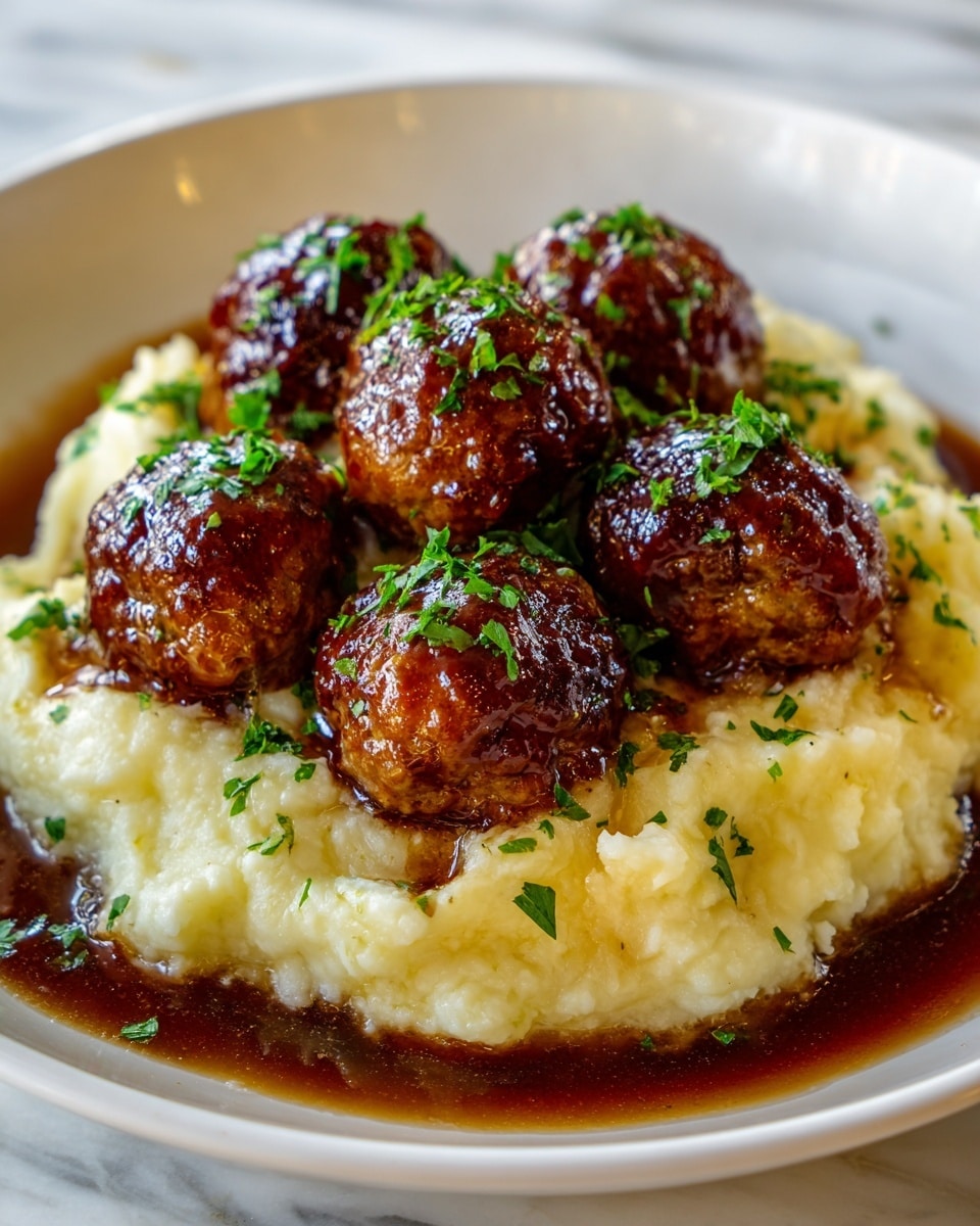Salisbury Steak Meatballs with Garlic Herb Mashed Potatoes Recipe - Recipe Image