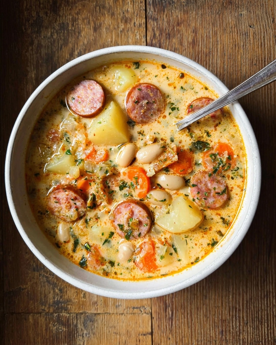 A white bowl filled with a creamy soup that has layers of chunky light yellow potatoes, orange carrot slices, white beans, and round pieces of sausage with a pink center and brown edges. The soup is light orange with specks of green herbs scattered all over. A silver spoon is inside the bowl partly under the soup, reflecting the creamy texture. The bowl is placed on a wooden surface with a visible grain pattern. Photo taken with an iphone --ar 4:5 --v 7