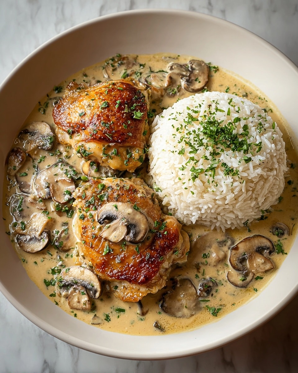 Two golden brown pieces of cooked chicken sit on the left side of a white plate, covered in a creamy light beige sauce with sliced brown mushrooms mixed in. Fresh green chopped herbs are sprinkled on top of the chicken, sauce, and mushrooms. On the right side of the plate, there is a mound of white rice with green herbs scattered evenly over it. The plate rests on a white marbled surface. photo taken with an iphone --ar 4:5 --v 7