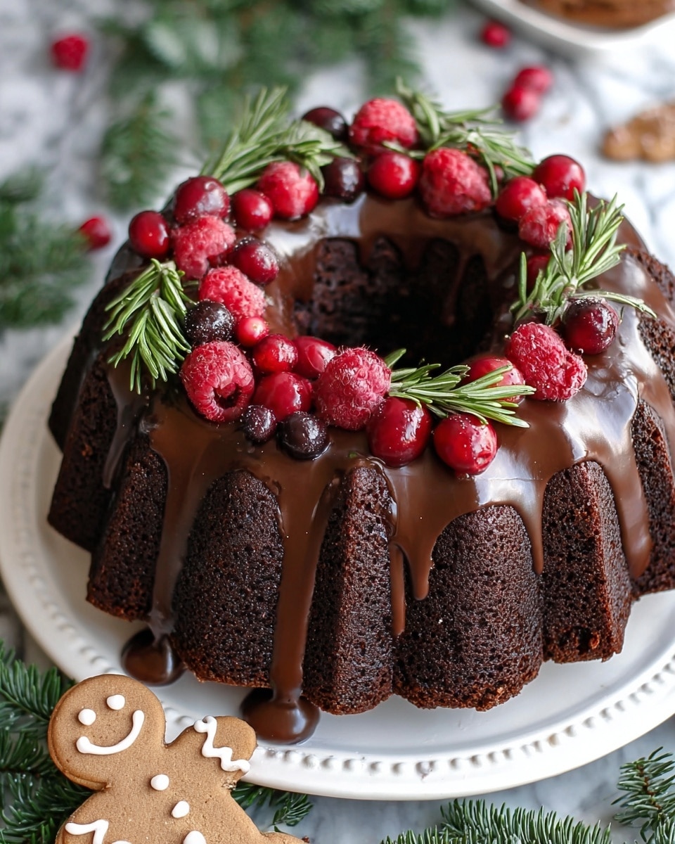 A dark chocolate ring cake sits on a white plate with a scalloped edge, covered by a smooth, thick layer of shiny chocolate glaze dripping slightly down the sides. On top, bright red raspberries and small dark red cranberries are placed evenly, with fresh green rosemary sprigs woven among the berries, creating a festive wreath look. The cake is on a white marbled surface scattered with green pine tree branches and additional cranberries around it. Near the cake, there are small gingerbread cookies shaped like smiling people. A knife with a wooden handle is partly visible on the right. Photo taken with an iphone --ar 4:5 --v 7