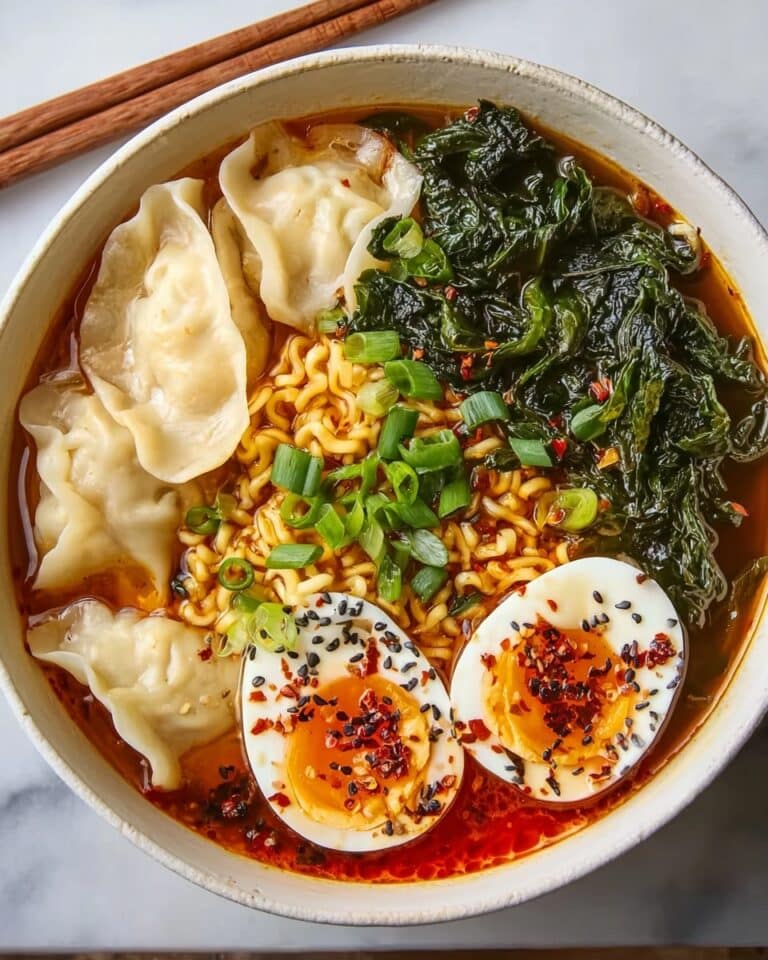 Dumpling Ramen Bowl with Soft-Boiled Eggs and Spinach Recipe