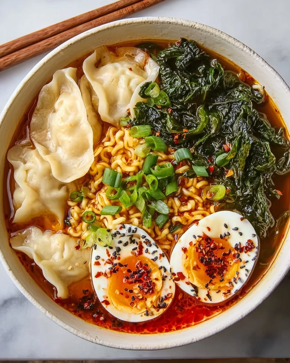 Dumpling Ramen Bowl with Soft-Boiled Eggs and Spinach Recipe - Recipe Image