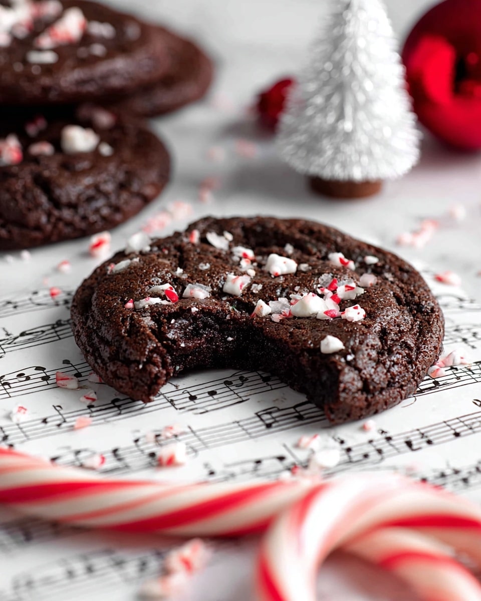 A dark chocolate cookie with a rough, slightly cracked texture lies on a white marbled surface scattered with sheet music. The cookie is sprinkled with small, white and red candy pieces on top and has a bite taken out of the front, showing the soft inside. In the foreground, a blurred red and white candy cane curls around. In the background, parts of more dark chocolate cookies are visible along with a white frosted miniature Christmas tree and a red shiny ornament ball. Photo taken with an iphone --ar 4:5 --v 7