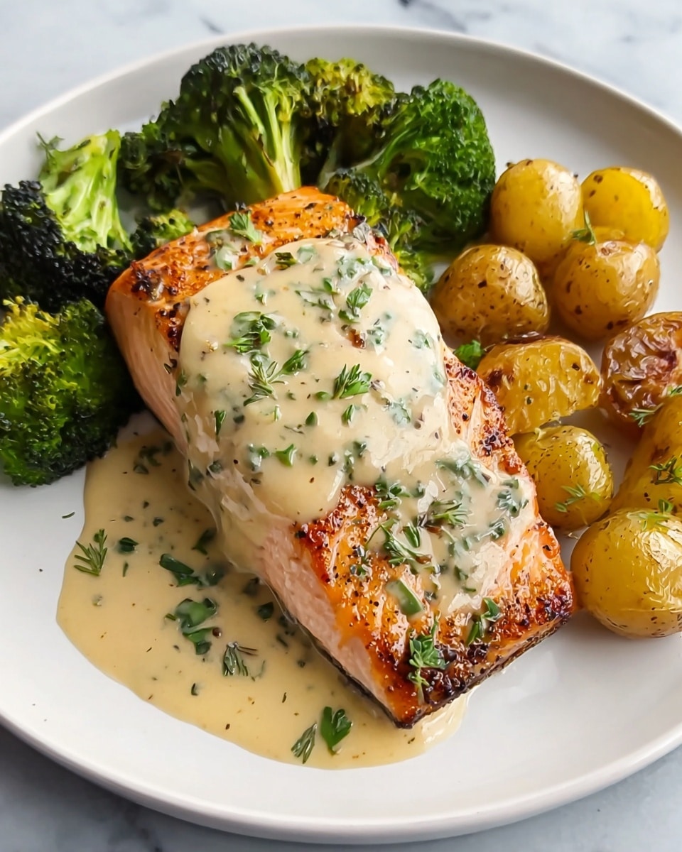 On a white plate with a white marbled background, there is a piece of cooked salmon with a golden brown edge and a soft pink center. The salmon is covered with a creamy, light beige sauce dotted with small green herb pieces, flowing down its sides and pooling slightly on the plate. Surrounding the salmon are roasted golden yellow potato halves and bright green broccoli florets, both showing light browning from roasting. The dish looks warm and fresh. photo taken with an iphone --ar 4:5 --v 7