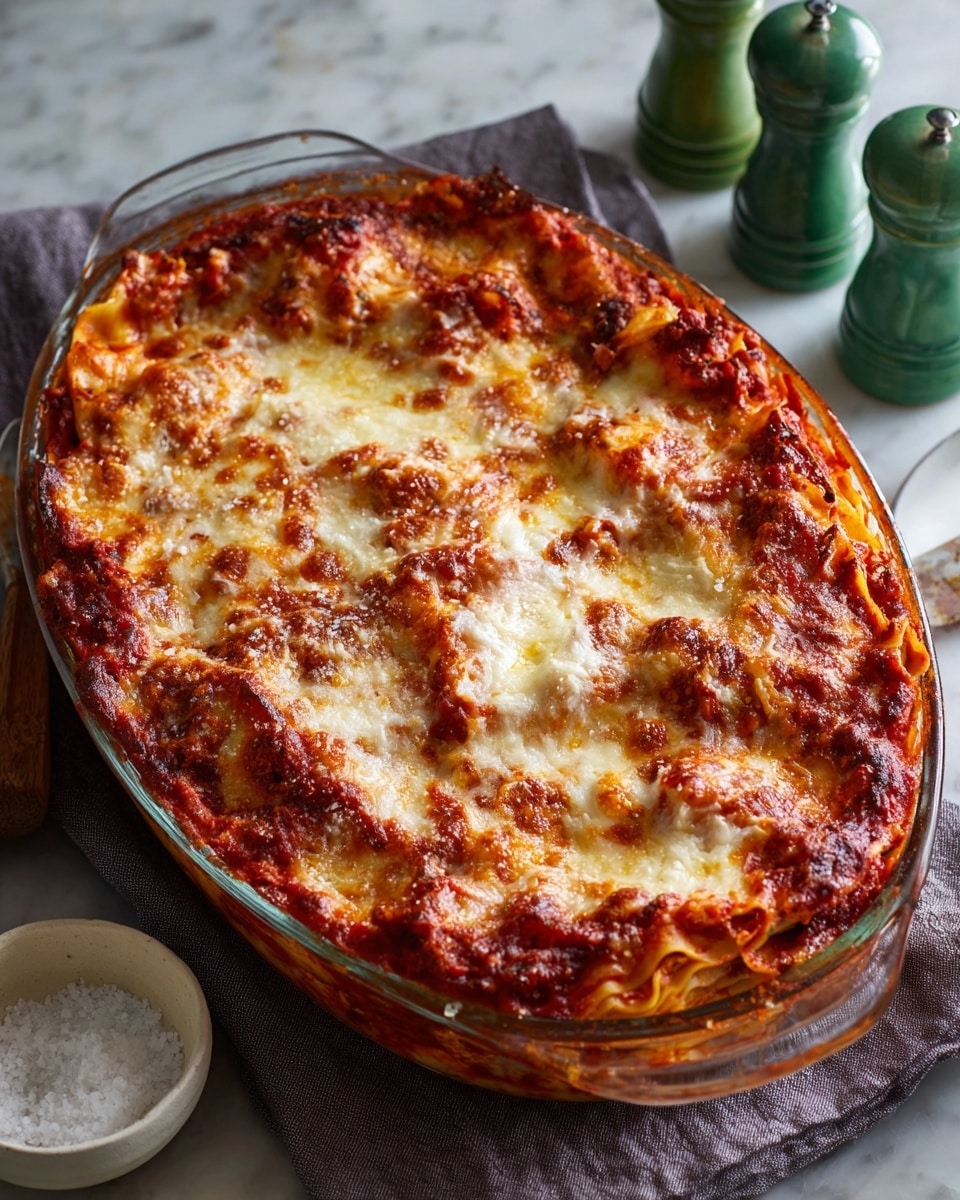 A clear glass round dish holds a baked layered pasta dish with a base layer of rich red tomato sauce visible through the glass, topped with thick pasta pieces covered in melted creamy white cheese that has browned golden in spots. A spoon lifts a serving from the dish, showing gooey melted cheese stretching between the dish and the scoop. The background features blurred salt and pepper shakers and a white marbled surface under the dish. photo taken with an iphone --ar 4:5 --v 7