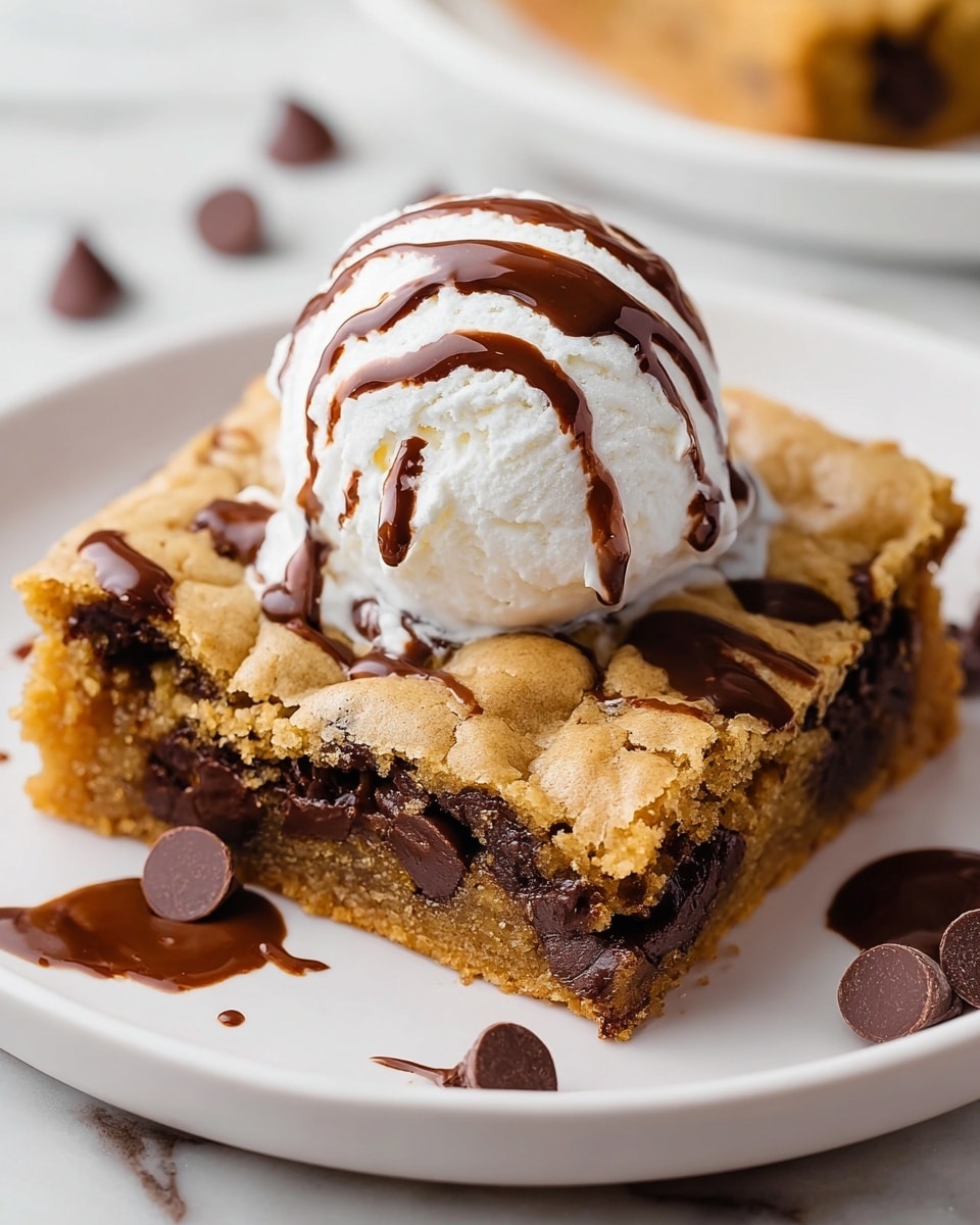 A single square piece of chocolate chip cookie bar with a golden brown top and a thick, darker, moist chocolate center sits on a white plate with a white marbled texture beneath. On top of the cookie bar, there are three chocolate chips placed around the edges near the ice cream. A round scoop of vanilla ice cream rests above the center, drizzled with smooth milk chocolate sauce that forms loops across the ice cream's surface. Around the plate at the base of the cookie bar, a few extra chocolate chips are scattered. In the blurred background, more cookie bar pieces are on another white plate. Photo taken with an iphone --ar 4:5 --v 7