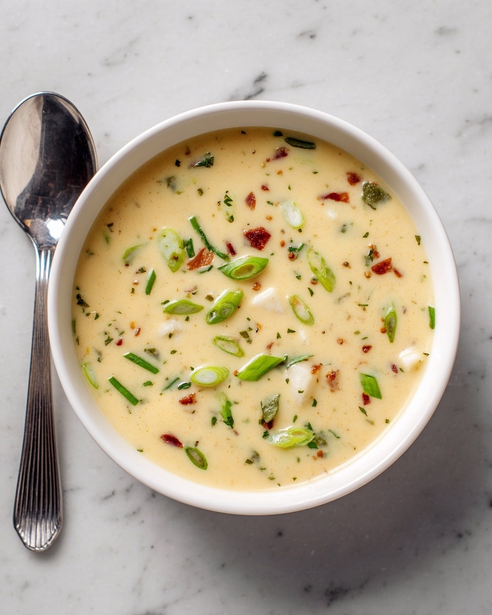 A thick, creamy soup with a light beige color fills a dark blue pot, showing bits of darker brown pieces and small green onion slices scattered throughout. A silver ladle inside the pot scoops up some soup, revealing the smooth texture with chunks of soft potato pieces. In the background, a white bowl also holds the soup with similar bits of green onions and brown pieces on top. The whole scene rests on a white marbled surface. photo taken with an iphone --ar 4:5 --v 7