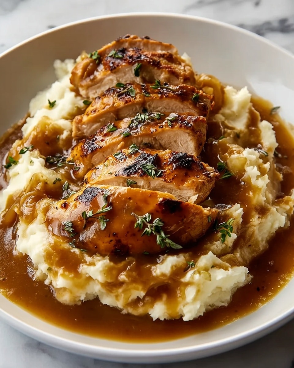The dish shows three thick, golden-brown grilled chicken slices placed over a fluffy, creamy bed of mashed potatoes. The chicken is covered with a shiny, rich brown gravy sauce that pools around the potatoes, with small green herb leaves sprinkled on top of both the chicken and gravy. The food is served on a white plate, set on a white marbled surface. photo taken with an iphone --ar 4:5 --v 7