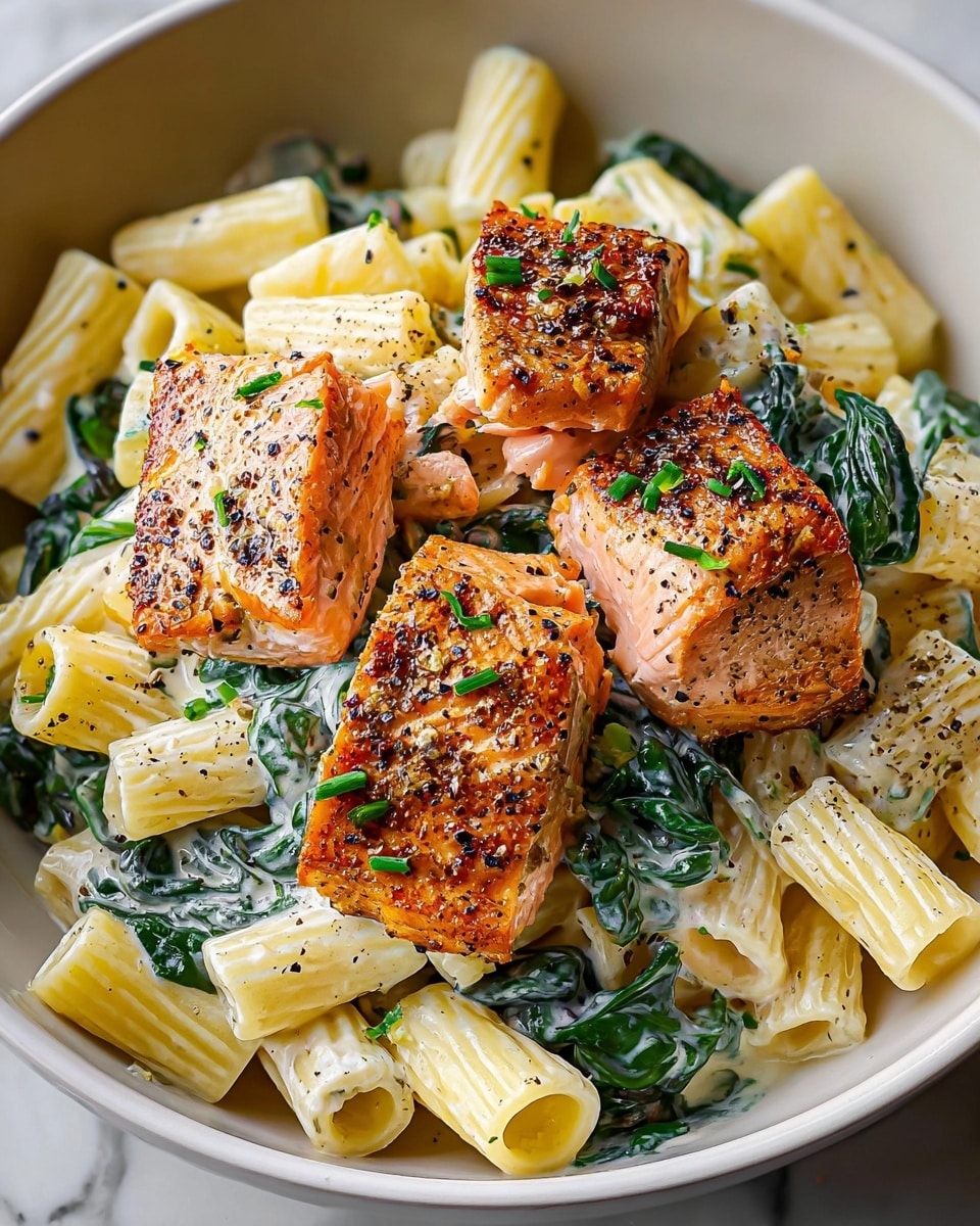 The image shows a white bowl filled with rigatoni pasta mixed with creamy white sauce and dark green wilted spinach leaves spread throughout. On top of the pasta are four pieces of grilled salmon, each with a golden brown seared crust, sprinkled with black pepper and small green herbs. The salmon pieces are chunky and placed in the center, giving a nice contrast in color with the pale pasta and dark green spinach. The background is a white marbled surface. Photo taken with an iphone --ar 4:5 --v 7