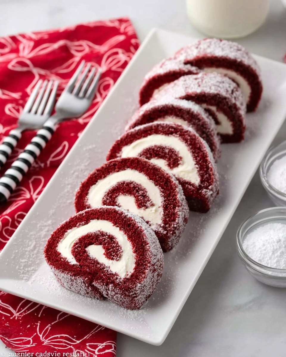 The image shows seven slices of a red velvet cake roll arranged neatly in a row on a long white plate. Each slice reveals two visible layers: a deep red, soft cake layer spiraled tightly around a smooth, creamy white filling. The cake layers have a slightly textured, fluffy look, while the filling appears smooth and thick. Some powdered sugar is lightly sprinkled on top of the slices, adding a soft white dust. Around the plate is a white marbled surface with a jar of milk, two striped forks on the left and a small bowl of powdered sugar with a spoon on the right. In the background, there is a bright red cloth with a white pattern. photo taken with an iphone --ar 4:5 --v 7