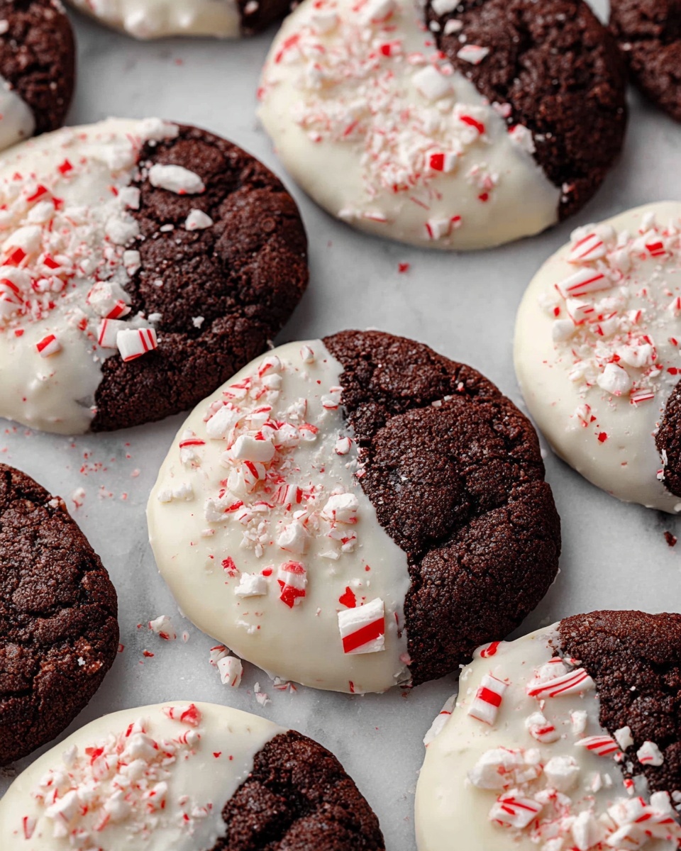 A collection of dark brown chocolate cookies is shown stacked closely on a white marbled surface, with many cookies partially dipped in a thick white coating that covers about half of each cookie. The white coating is rough with small red and white peppermint candy pieces sprinkled on top. One cookie in the center is broken in half, revealing a dense, moist texture and melted chocolate chunks inside, and it has the same white coating and candy pieces on one side. The image focuses on the rich contrast between the dark chocolate and bright white coating, with the peppermint candy adding pops of red color. photo taken with an iphone --ar 4:5 --v 7