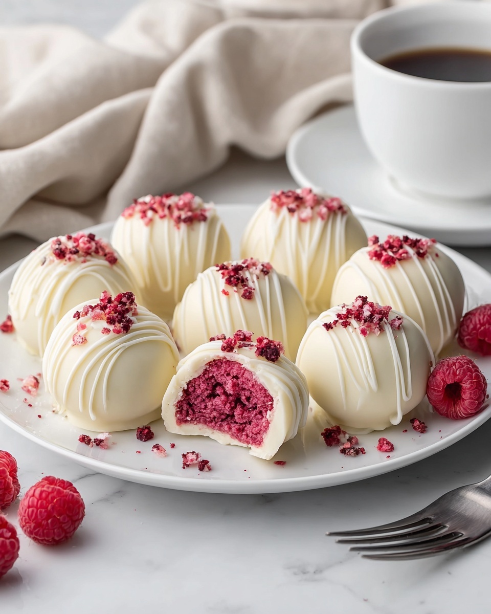 A white round plate with a light brown rim holds an arrangement of smooth white chocolate balls drizzled with thin brown chocolate stripes and topped with small red dried fruit bits. Among these are bright red frozen raspberries, some with white chocolate drizzles, scattered evenly across the plate. Around the plate, some extra frozen raspberries lie on a white marbled surface, and a white bowl filled with more raspberries is partially visible in the corner. The overall scene conveys a fresh and elegant dessert setting. photo taken with an iphone --ar 4:5 --v 7