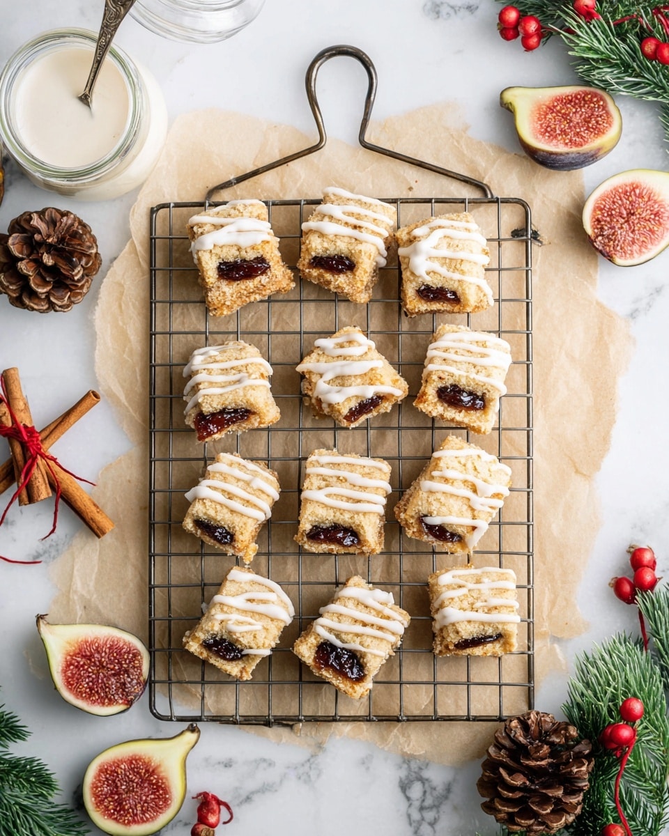 The image shows several small, rectangular pieces of light brown shortbread with a darker brown fig filling layer in the middle. Each piece has a crumbly texture and is topped with thin white icing drizzled across the top. They are arranged on white crumpled parchment paper over a white marbled surface. The pieces have a slightly rough yet soft edge with the fig filling showing bits of seeds and a sticky appearance inside, contrasting with the dry, crumbly shortbread crust photo taken with an iphone --ar 4:5 --v 7