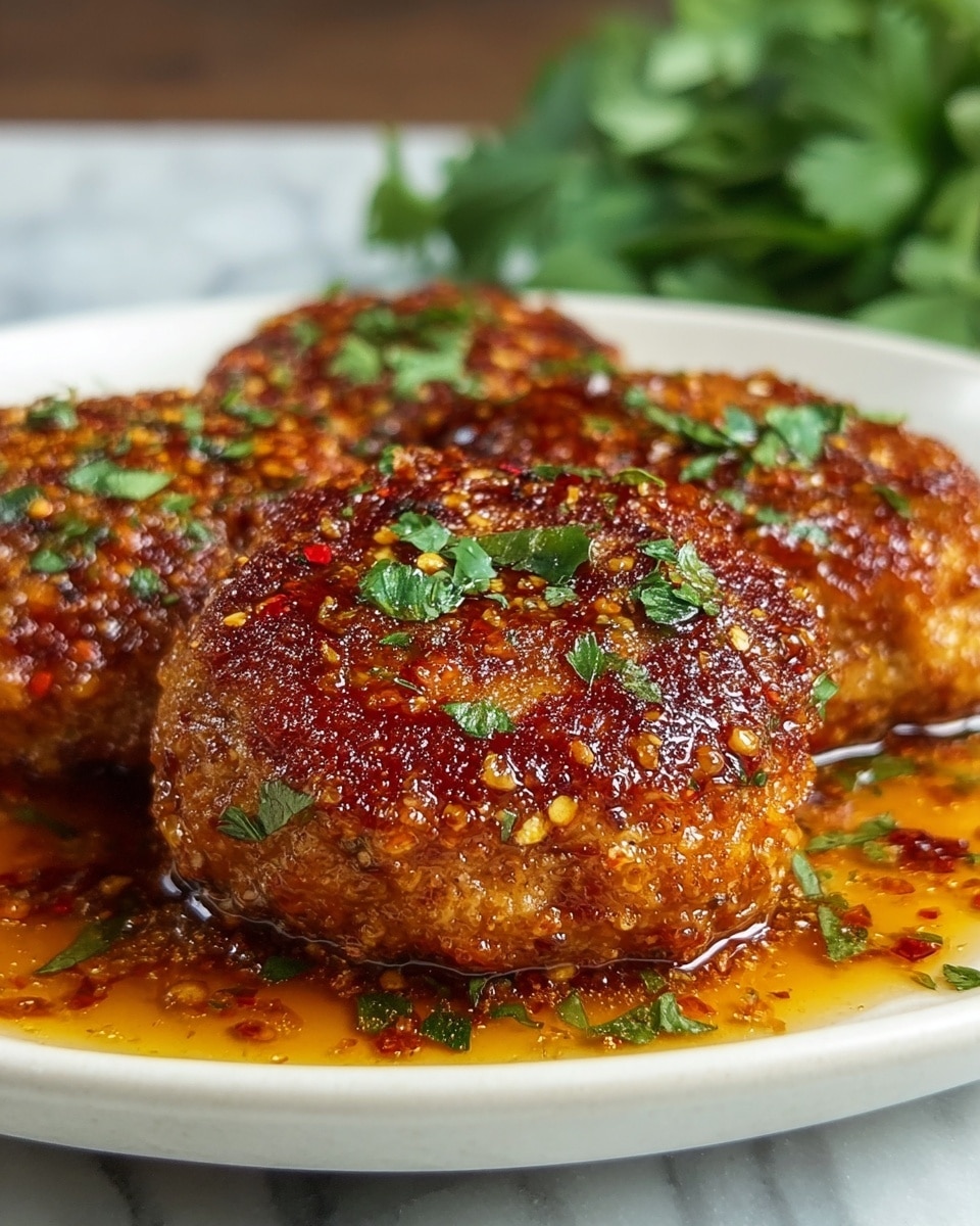 Three thick, round patties with a crispy, reddish-brown surface are shown close-up on a white plate. The patties are covered in a shiny, textured sauce that pools beneath them, mixed with flecks of herbs and spices. Small green herb pieces, likely parsley or cilantro, are sprinkled on top of the patties, adding a fresh contrast. The white plate sits on a white marbled surface with a blurred bunch of green herbs in the background. The photo taken with an iphone --ar 4:5 --v 7