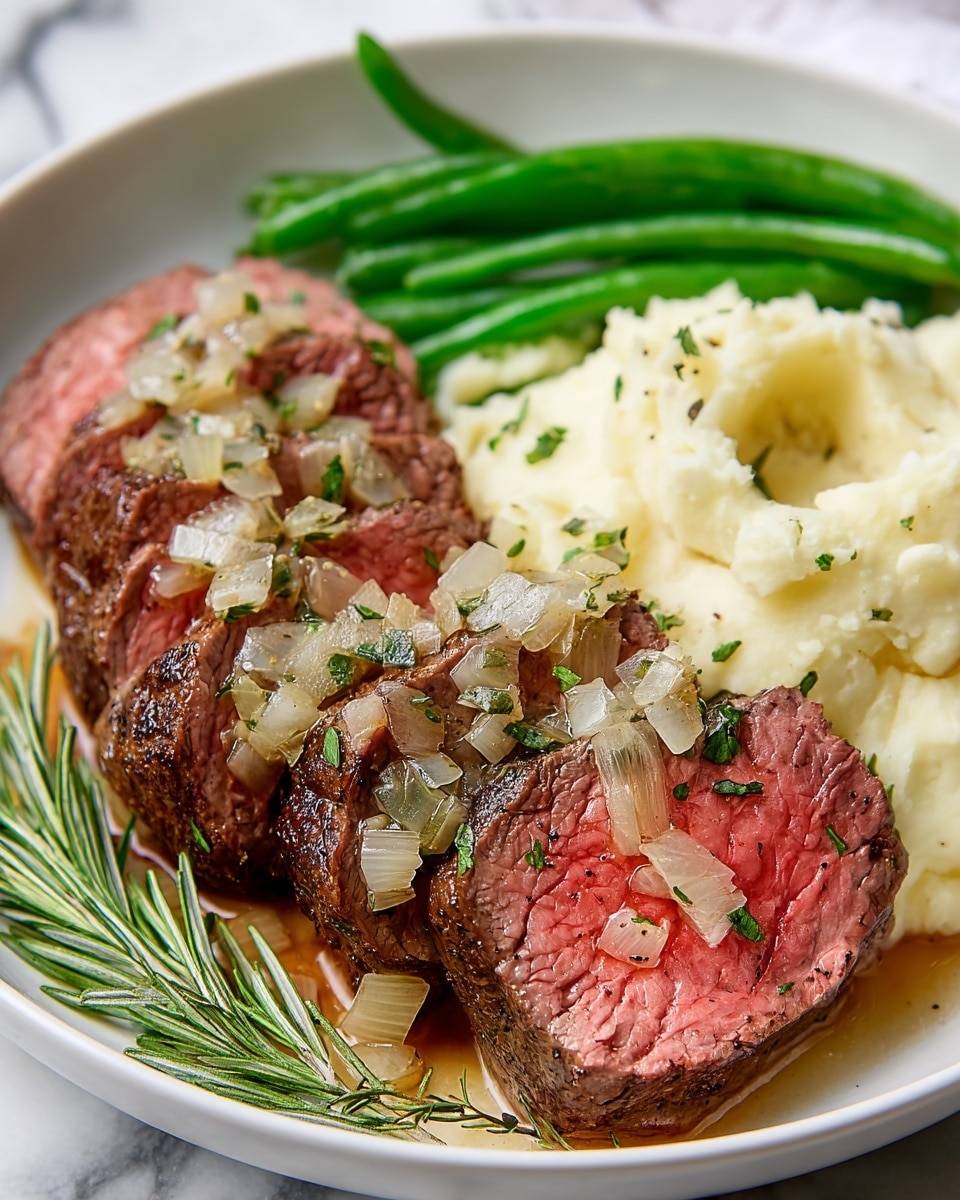 A roasted piece of meat sits in a white pot with a smooth inside layer. The meat is sliced into four thick pieces, showing a slightly pink center with a browned, herb-covered crust. On top of the meat are melted patches of what looks like butter mixed with herbs. Surrounding the meat are two light brown, roasted onion halves and several sprigs of fresh green rosemary. The pot contains a thin layer of dark brown sauce, with the white marbled surface underneath visible around the pot. The light shines softly on the meat, making the textures and colors clear and fresh. photo taken with an iphone --ar 4:5 --v 7