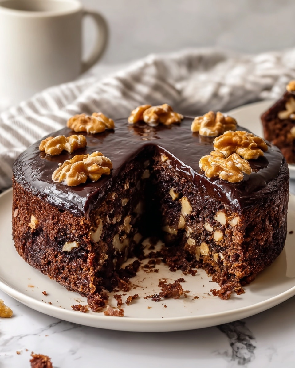 A rich, dark brown round cake with a thick, moist texture filled with visible light beige nut pieces throughout. The cake has one clean slice removed, showing the dense inside and some crumbs scattered on a plain white plate. The top layer is covered with a glossy dark chocolate glaze and decorated evenly with large walnut halves. The background shows a white marbled surface with a soft striped cloth and a white mug blurry in the distance. Photo taken with an iphone --ar 4:5 --v 7