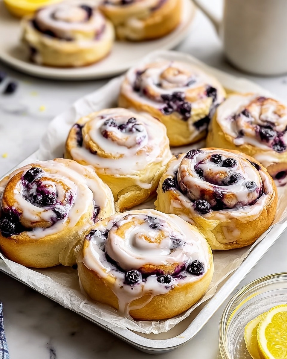 A pan holds seven soft, round rolls with a visible swirl pattern filled with dark purple berries. The rolls are golden brown at the edges and topped with a shiny, white creamy icing that covers most of the surface, dripping slightly over the sides. The pan is lined with parchment paper and placed on a surface with a white marbled texture. In the background, there is a white plate with more rolls, some yellow lemon slices, and a small bowl with purple cream. photo taken with an iphone --ar 4:5 --v 7
