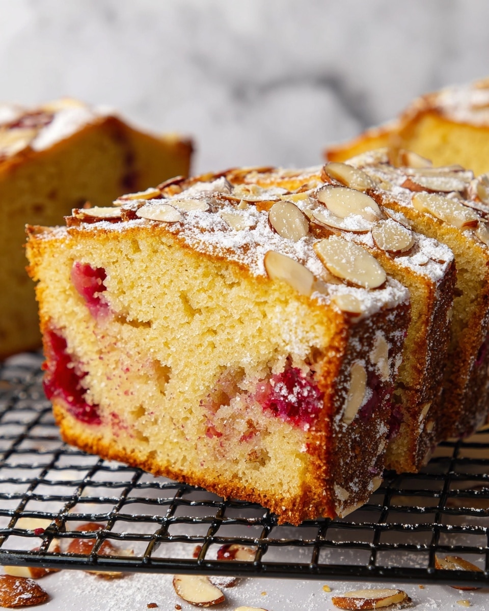 A moist yellow cake loaf with two main layers: the outer crust is golden brown and topped with sliced almonds and powdered sugar, creating a textured, crunchy surface, while the inside is soft and fluffy with a few visible pieces of red cranberries scattered throughout. The cake is being held by two woman's hands, one on each side, lifting a thick slice from the rest of the loaf that remains on a black wire cooling rack. The background and surface are a clean white marbled texture. Photo taken with an iphone --ar 4:5 --v 7