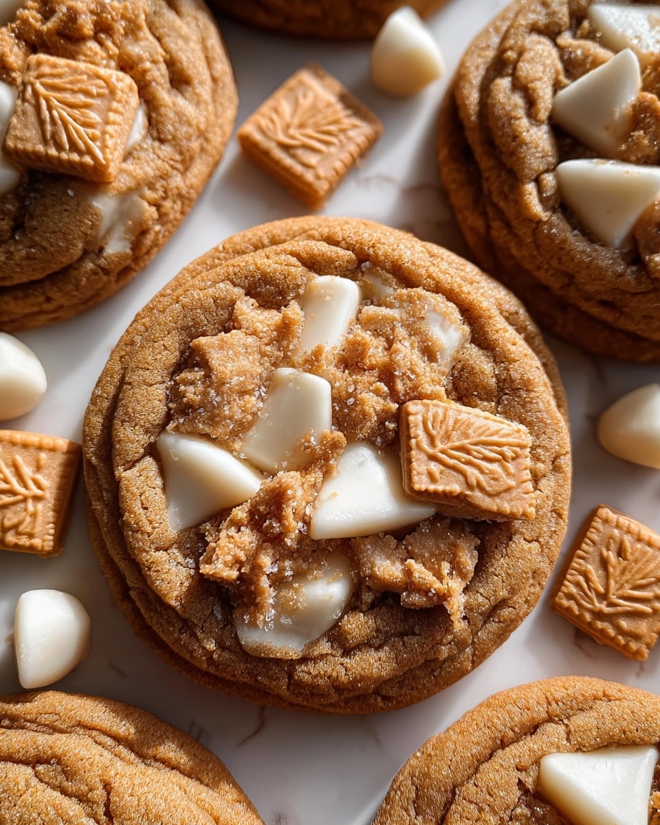 The image shows close-up of soft brown cookies with a slightly cracked surface, topped with white chunks that look smooth and creamy, along with crumbled brown cookie pieces and small square-shaped cookies with a detailed leaf design and texture on top. The cookies are placed on a white marbled surface, filling the frame with a warm, golden light shining on them. The overall look is inviting and textured, with layered elements of cookie dough, white creamy spots, and crispy cookie bits on top. photo taken with an iphone --ar 4:5 --v 7