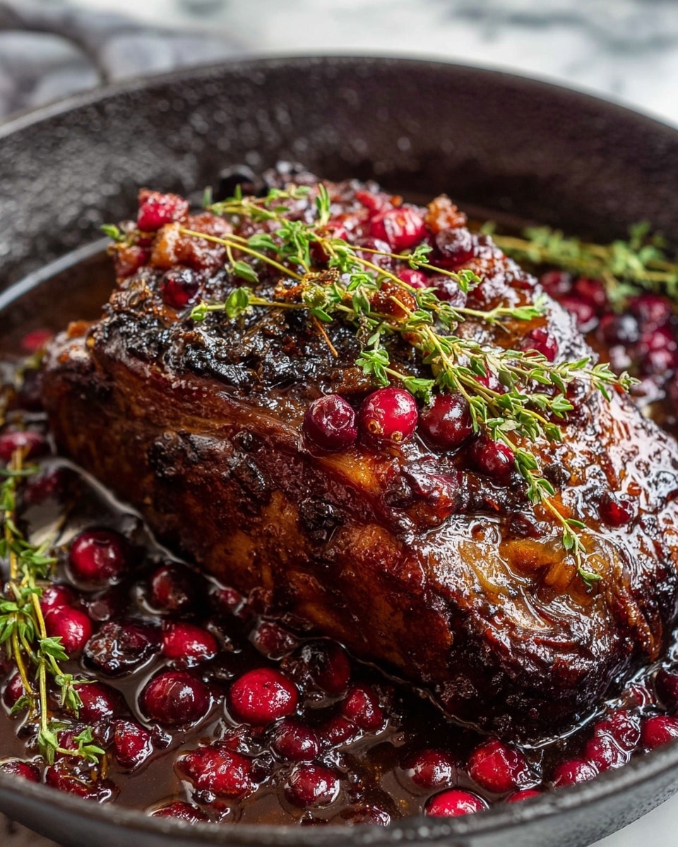 A rich, thick piece of roasted meat with a dark brown, crispy outer layer sits in a black pan. The meat is glistening with a thick sauce that is dotted with bright red cranberries and sprigs of fresh green thyme. Some cranberries and thyme are scattered around the meat in the sauce, creating a mix of shiny reds and greens over a dark, syrupy background. The pan's rough black texture contrasts with the smooth, glossy food. The whole scene is set on a white marbled surface. Photo taken with an iphone --ar 4:5 --v 7