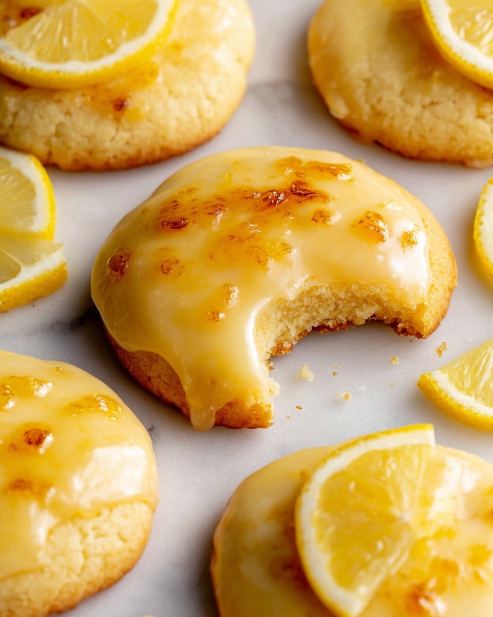 The image shows a close-up of a cookie topped with a round, caramelized lemon slice. The cookie base is light brown and slightly textured, while the lemon slice on top is yellow with burnt spots giving it a shiny, glazed look. Around the cookie, there are lemon wedges and slices placed on a white marbled surface, and a silver spoon is positioned nearby on the lower left side of the image. photo taken with an iphone --ar 4:5 --v 7