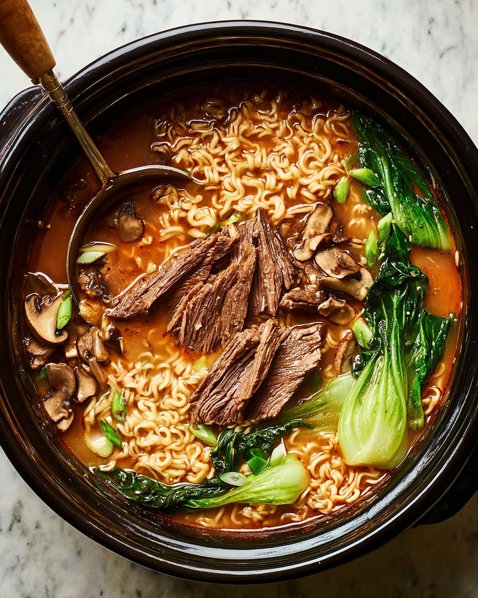 A black pot filled with ramen noodles sitting in a reddish-orange broth. Inside the pot are several layers: the noodles are light beige, curly, and scattered throughout. On top and among the noodles are large slices of brown, tender meat with visible texture lines. There are also bright green bok choy leaves and stems adding a fresh contrast, along with sliced mushrooms that are tan with dark brown edges. A metal ladle with a wooden handle is partially submerged in the broth on the left side of the pot. The pot is placed on a white marbled surface. photo taken with an iphone --ar 4:5 --v 7