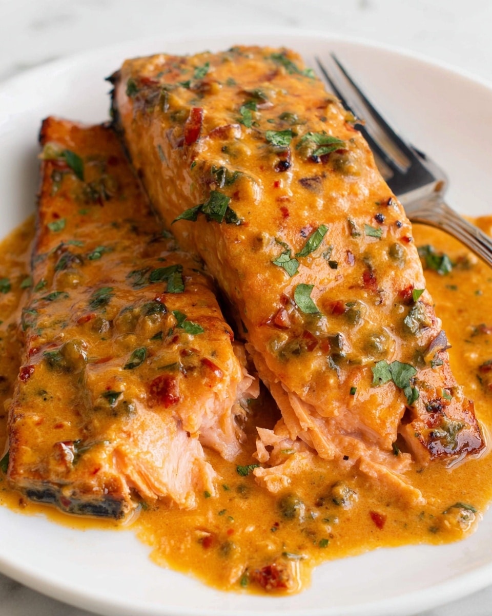 The image shows three thick pieces of cooked salmon fillets in a shallow, round pot with red sides and a black inner surface. The salmon has a golden brown seared top with some darker grill marks and is covered in a creamy, orange-colored sauce that looks rich and slightly chunky, with visible bits of herbs and small pieces of vegetables like garlic and tomatoes. Fresh green herbs, likely chopped basil or parsley, are scattered evenly across the salmon and sauce, adding a fresh contrast to the warm tones. The pot sits on a white marbled surface, creating a clean and bright background. photo taken with an iphone --ar 4:5 --v 7