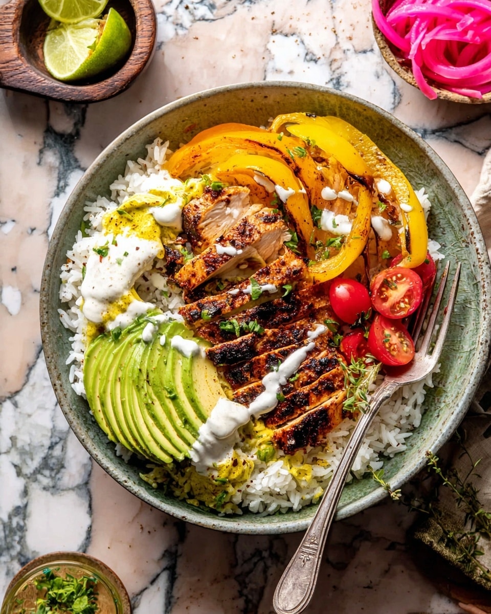 A white bowl filled with a base layer of white rice, topped with a layer of grilled, sliced chicken with a browned, seasoned surface in the center, surrounded by yellow grilled bell pepper slices on the left and bottom right. On top of the rice to the bottom left are thin slices of green avocado fanned out with a yellow sauce draped over them, small dollops of white creamy sauce, and chopped green onions. On the right side near the chicken are halved red cherry tomatoes and small sprigs of green herbs scattered over the dish. A vintage silver fork rests on the right side of the bowl. The bowl is placed on a white marbled surface with a small bowl of bright pink pickled onions and a lime wedge in the background. Photo taken with an iphone --ar 4:5 --v 7