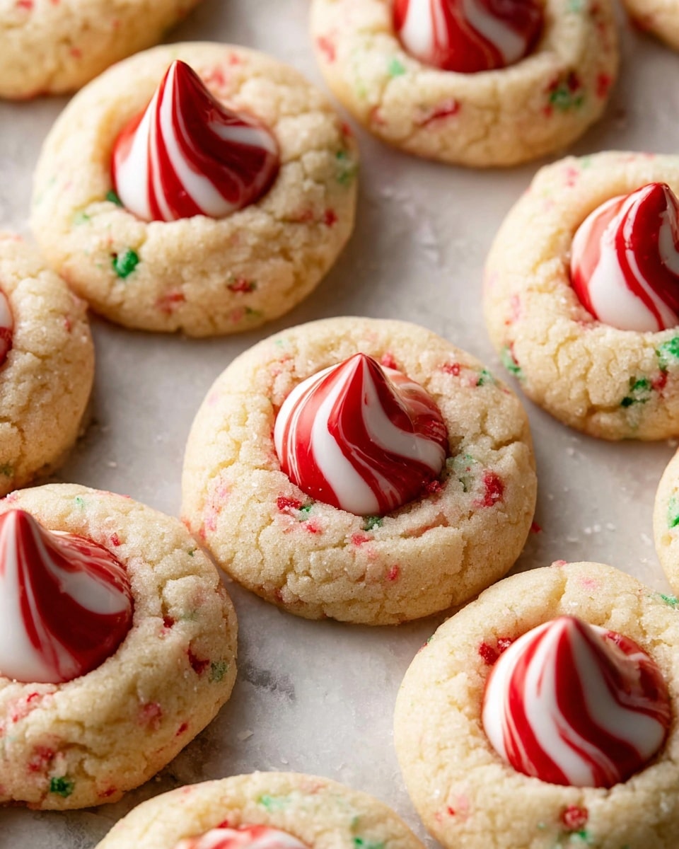 The image shows several round cookies arranged close to each other on a white marbled surface. Each cookie has one main layer that is light golden with tiny red and green specks throughout, giving them a festive look. In the middle of each cookie's top, there is a slightly sunken area holding a pointed, swirled candy piece with red and white stripes running vertically. The texture of the cookies looks soft and slightly crumbly, while the candy has a smooth, shiny finish. The overall scene captures the cookies tightly framed, showing the details of their surface and candy tops clearly, photo taken with an iphone --ar 4:5 --v 7