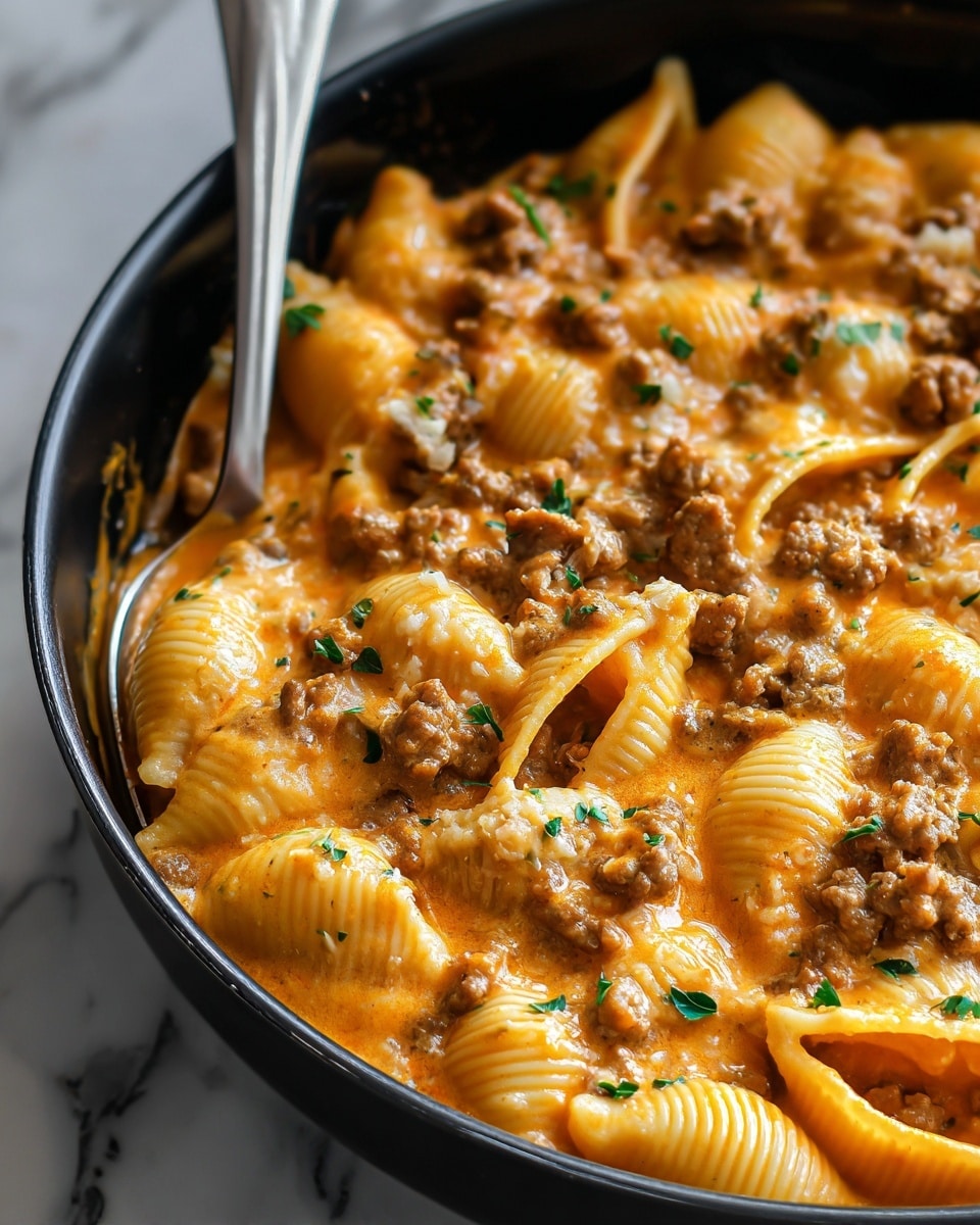 A close-up view of a black pan filled with one layer of large, ridged pasta shells cooked in a creamy orange sauce mixed with small browned meat pieces spread evenly throughout. The sauce has a smooth texture with some shine, coating each shell well. Green herb bits are sprinkled on top, adding a touch of fresh color. A metal spoon is partially visible on the left side of the pan. The pan sits on a white marbled surface. Photo taken with an iphone --ar 4:5 --v 7